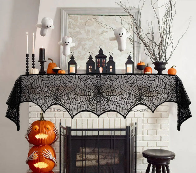 Halloween Decorations Black Lace Spider Web Tablecloth Runner Fireplace Scarf for Halloween Party Home Decoration