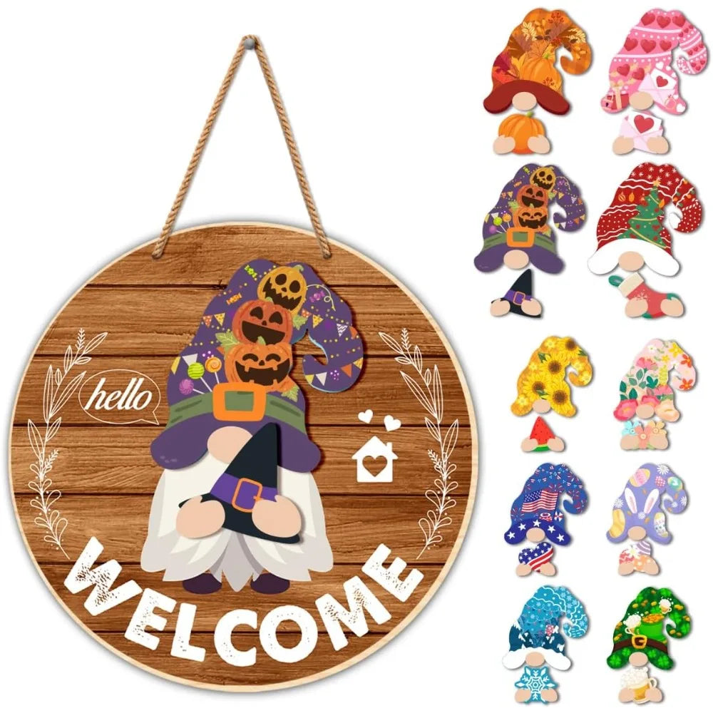 Interchangeable Gnome Welcome Sign Halloween Door Decorations Summer Fall Changeable Wooden Gnomes Front Porch Decor Wall Hangin