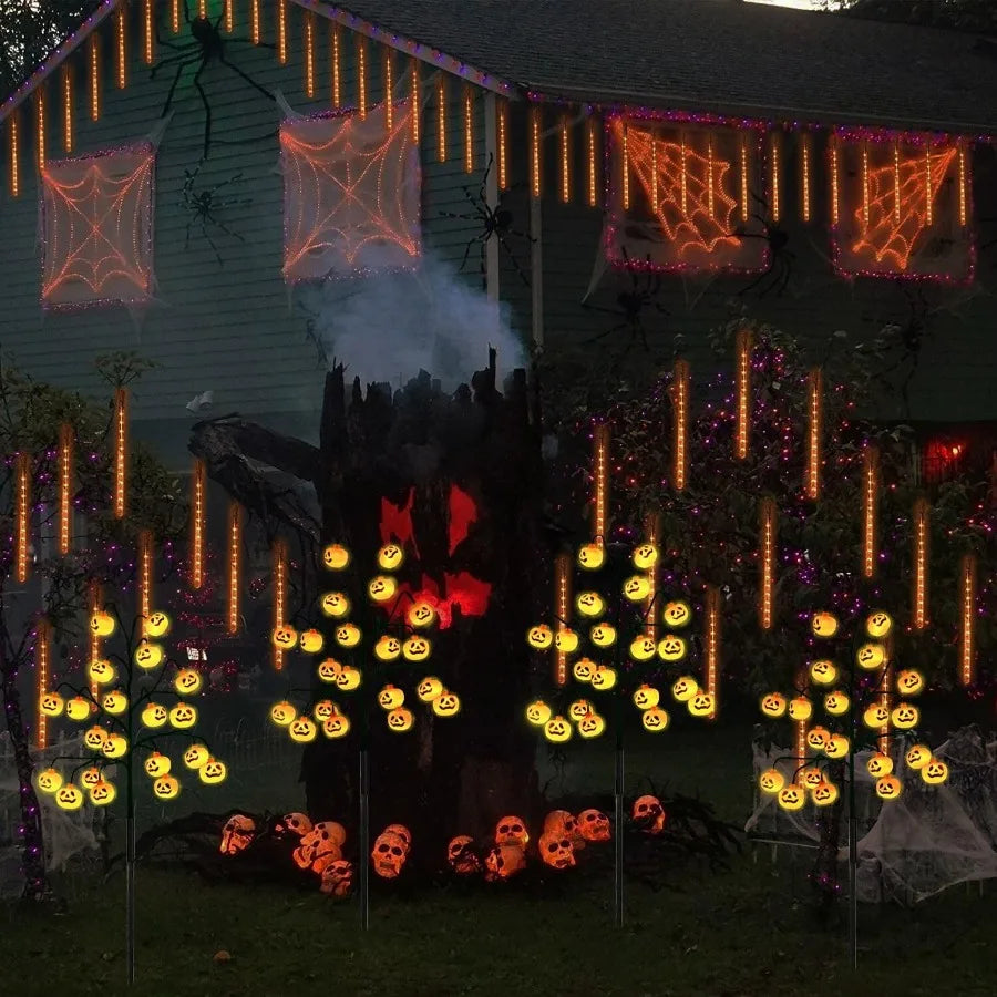 4 Pack 80 LED Halloween Solar Pumpkin Stake Lights for Outdoor Halloween Decorations Orange Jack O Lantern Pumpkins Solar Pathw