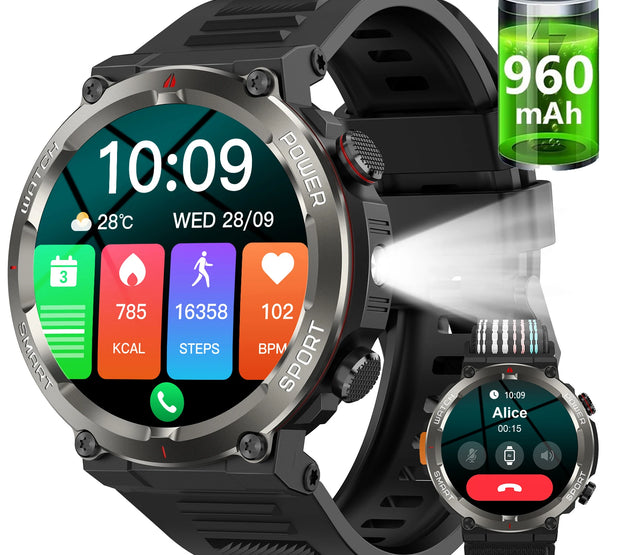 2025 New Blackview W50pro Waterproof Smartwatch with LED Flashlight Emergency lighting 960mAh Large Battery Life Man Smart Watch