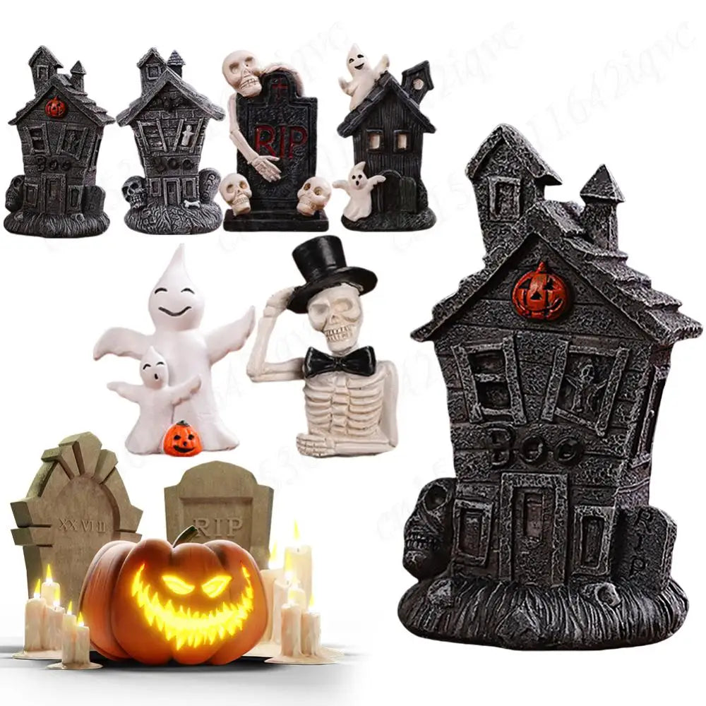 Halloween Spooky Miniature Statue Figurine Resin Mini Skull Ghost Decor Micro Skull Ghost Landscape for Haunted House Decoration