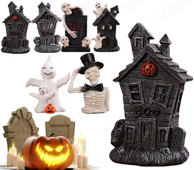 Halloween Spooky Miniature Statue Figurine Resin Mini Skull Ghost Decor Micro Skull Ghost Landscape for Haunted House Decoration