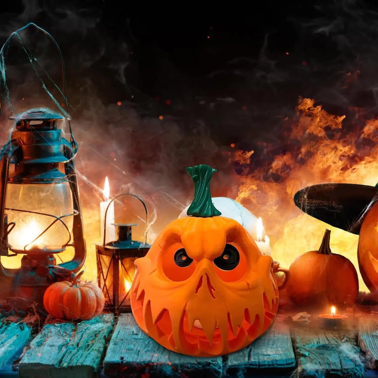 Giant Halloween Pumpkin Resin Decoration with White Electronic Candle Lights, Hollow Design Suitable for Indoor/Outdoor Holiday Decoration, Spooky Pumpkin Design | Carved Texture, Halloween Decorations