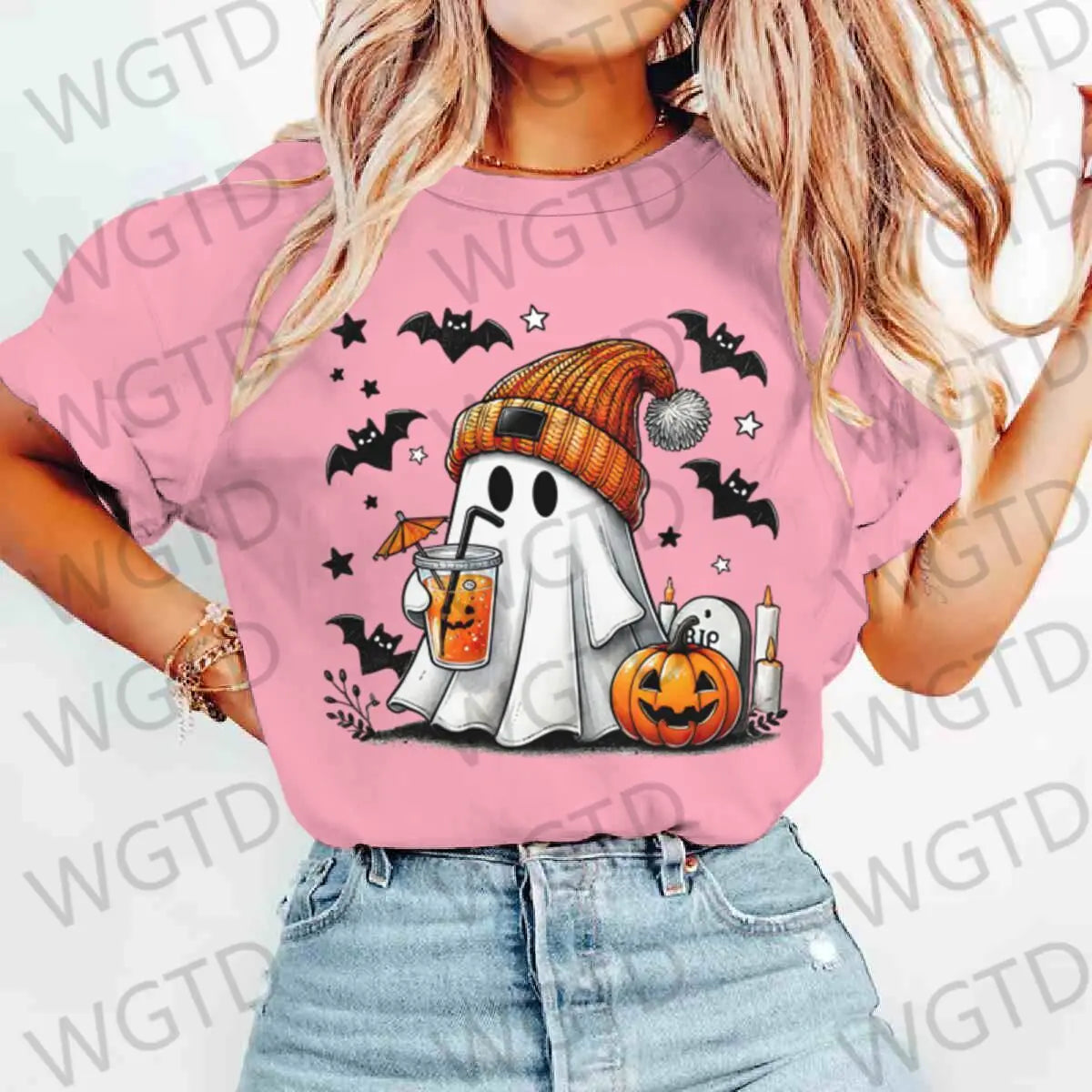 Halloween Ghost Pumpkin Bat Print T-shirts Summer Casual T Shirt For Women Creative Short Sleeve Tees Happy Halloween T-shirt