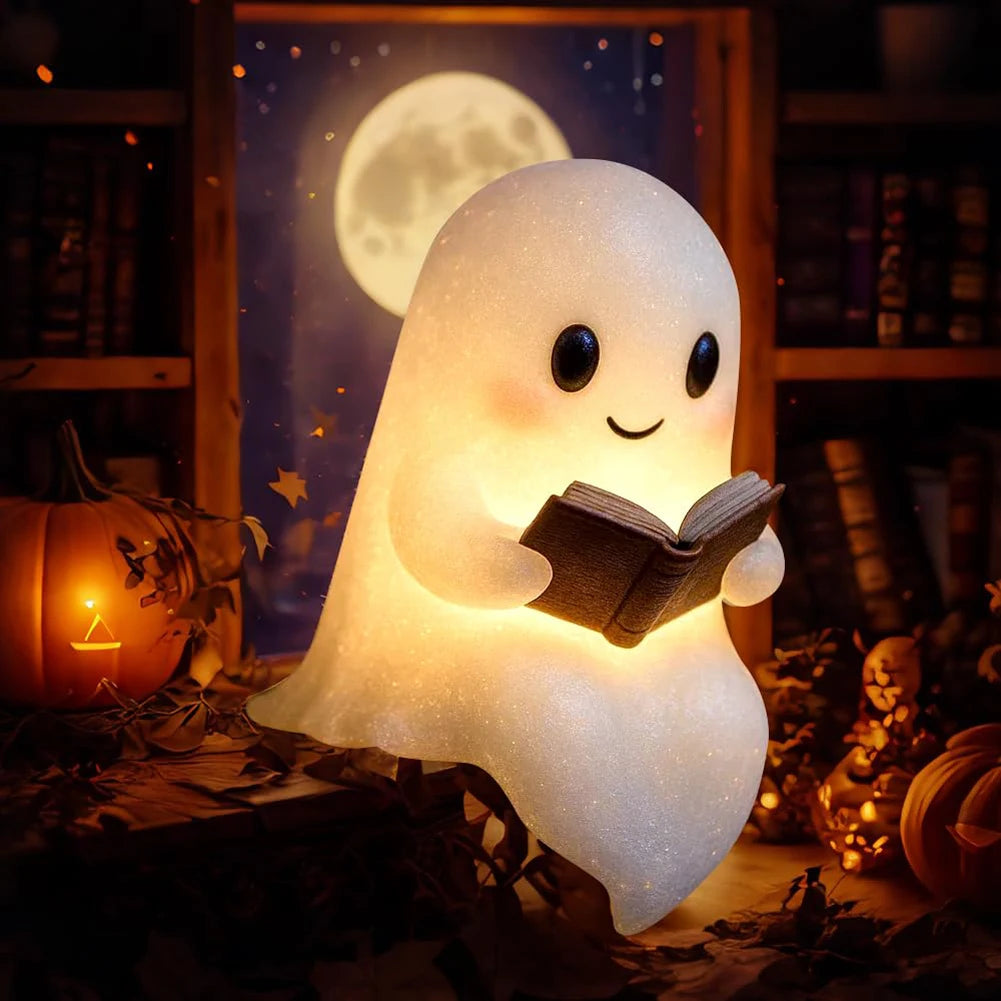 1/2/4Pcs Cute Ghost Reading Book Lamp Halloween Spooky Ghost LED 3D Night Light Home Table Light Up Resin Figurines Decoration