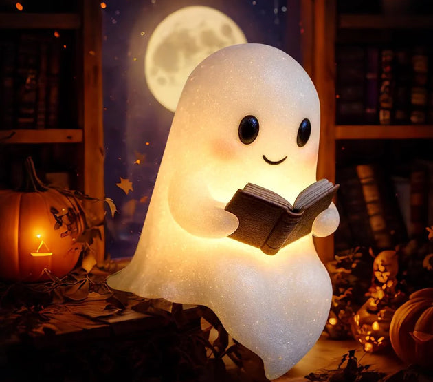1/2/4Pcs Cute Ghost Reading Book Lamp Halloween Spooky Ghost LED 3D Night Light Home Table Light Up Resin Figurines Decoration