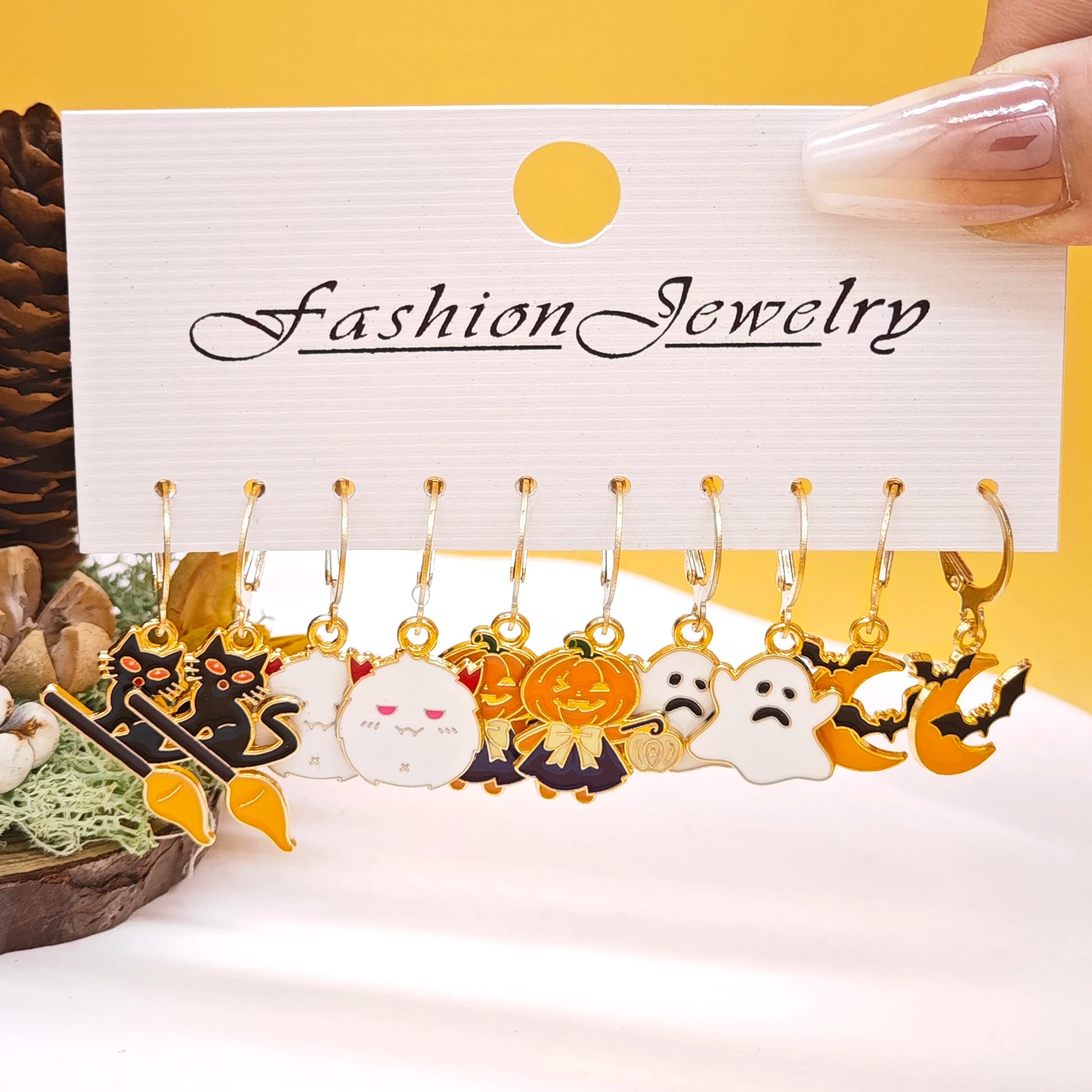 10pcs Halloween series earrings with horror alloy oil drop pumpkin bat spider web ghost earrings set for women