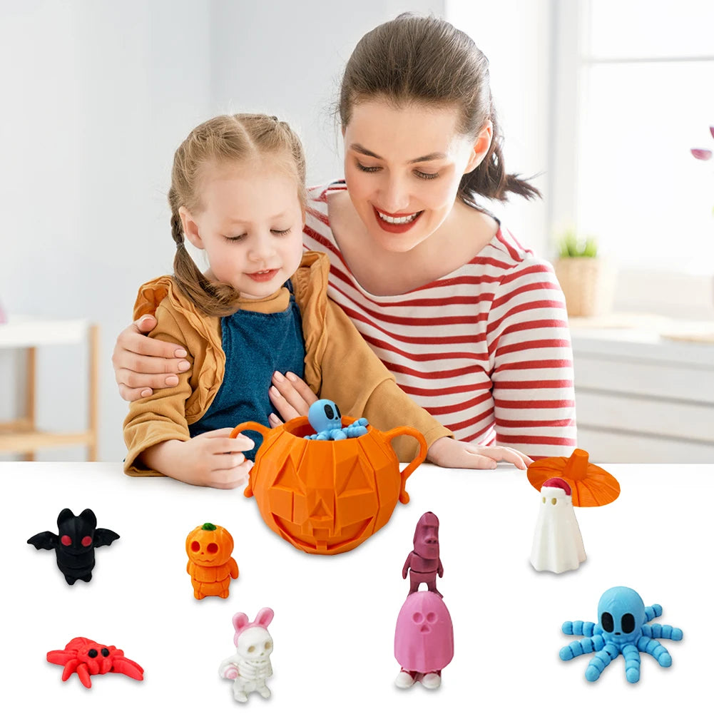 8pcs 3D Printed Halloween Pumpkin Mini Animals Set Halloween Pumpkin Candy Buckets Halloween Fidget Toys with Container for Kids