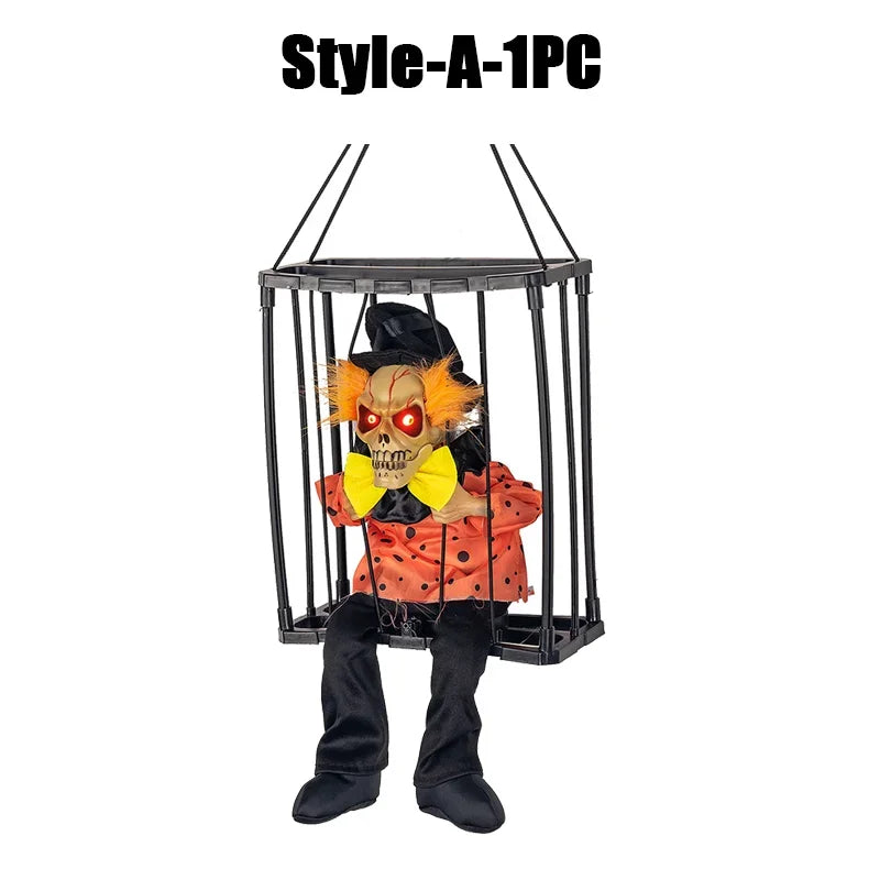Halloween Decoration Prisoner Ghost In Cage Scary Skull Prop Electric Skeleton Toy Glowing Eye Sound Doll Hangable Talking Ghost
