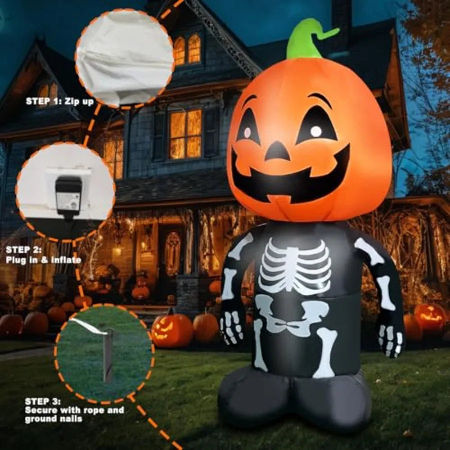 Halloween Inflatable 4FT Tall Skeleton with Pumpkin Head Lighted Blow Up Decoration Featuring a Smiling Face for Outdoor Lawn P