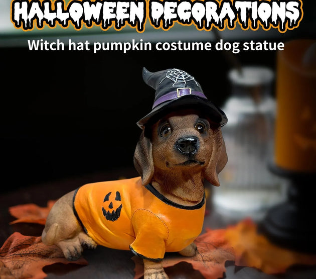 Halloween Dachshund Witch Hat Pumpkin Costume Dog Statue - Unique Resin Pet Decor for Spooky Gifts & Party Themes