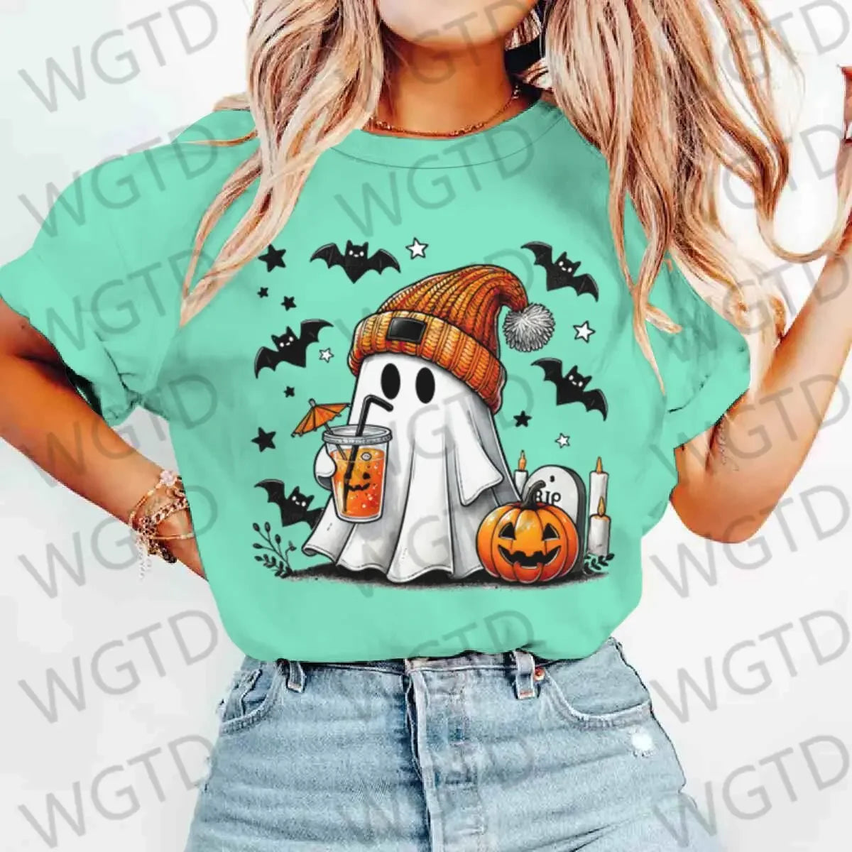 Halloween Ghost Pumpkin Bat Print T-shirts Summer Casual T Shirt For Women Creative Short Sleeve Tees Happy Halloween T-shirt