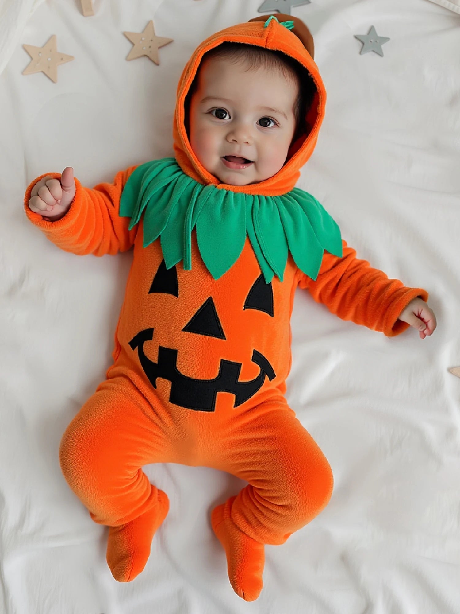 Infant Halloween Costume Set with Long Sleeve Pumpkin Romper Footed Jumpsuit and Matching Hat for Baby Girl
