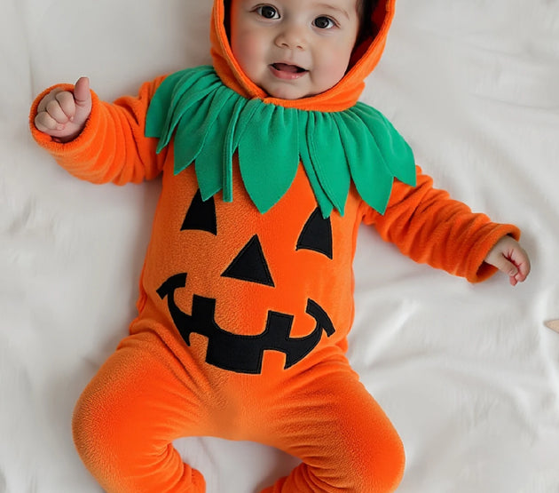 Infant Halloween Costume Set with Long Sleeve Pumpkin Romper Footed Jumpsuit and Matching Hat for Baby Girl