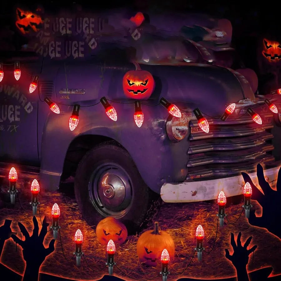 38Ft Halloween Pathway Lights C9 Flickering Flame String Lights with Stakes Waterproof Patio String Lights with 25 Flicker Ligh