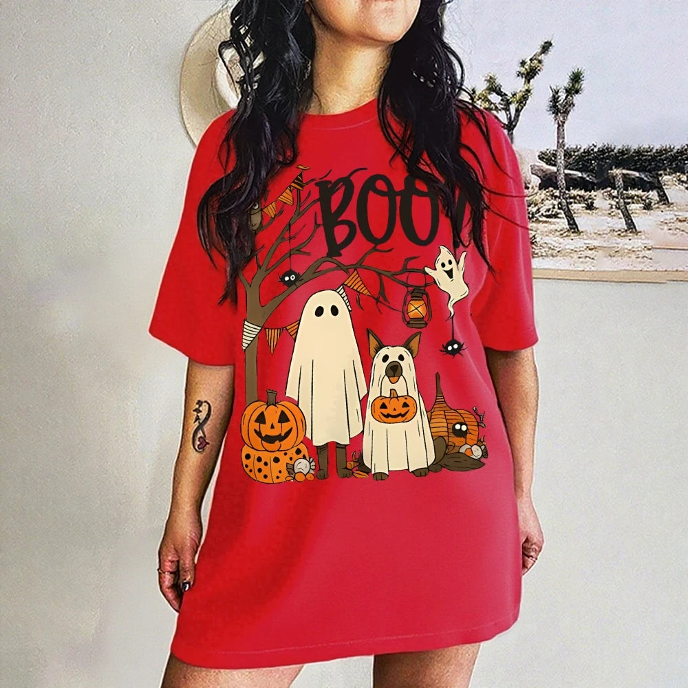 Halloween Cute Ghost Pumpkin T-shirt Funny Dog Graphic Tees Summer Breathable Women’s Cotton Fashion O-Neck Short Sleeve Tops