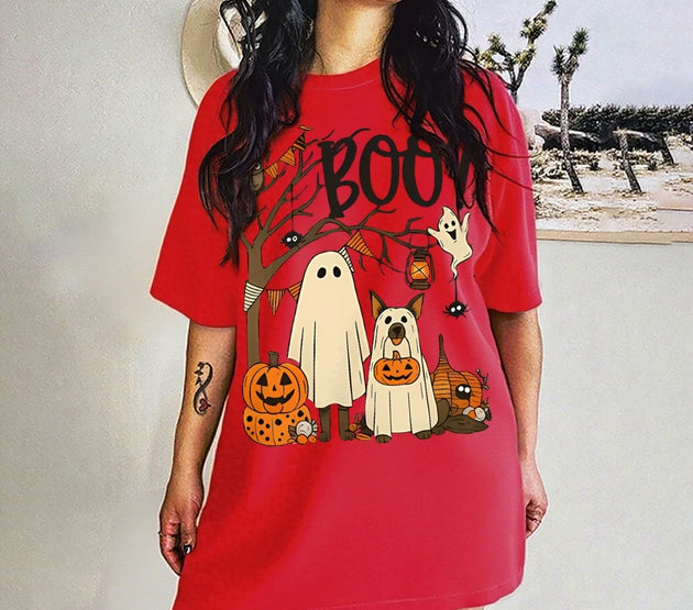 Halloween Cute Ghost Pumpkin T-shirt Funny Dog Graphic Tees Summer Breathable Women’s Cotton Fashion O-Neck Short Sleeve Tops