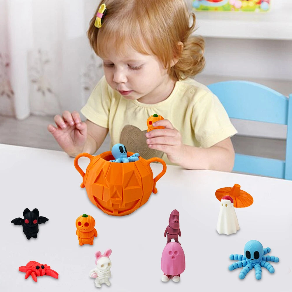 8pcs 3D Printed Halloween Pumpkin Mini Animals Set Halloween Pumpkin Candy Buckets Halloween Fidget Toys with Container for Kids