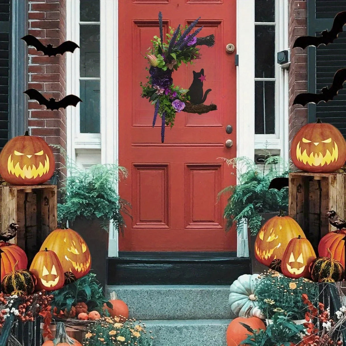 Halloween Moon Cat Wreath, 11.81 Inch Moon Shape Artificial Flower Wreath with Cat, Halloween Wreath for Front Door Wall
