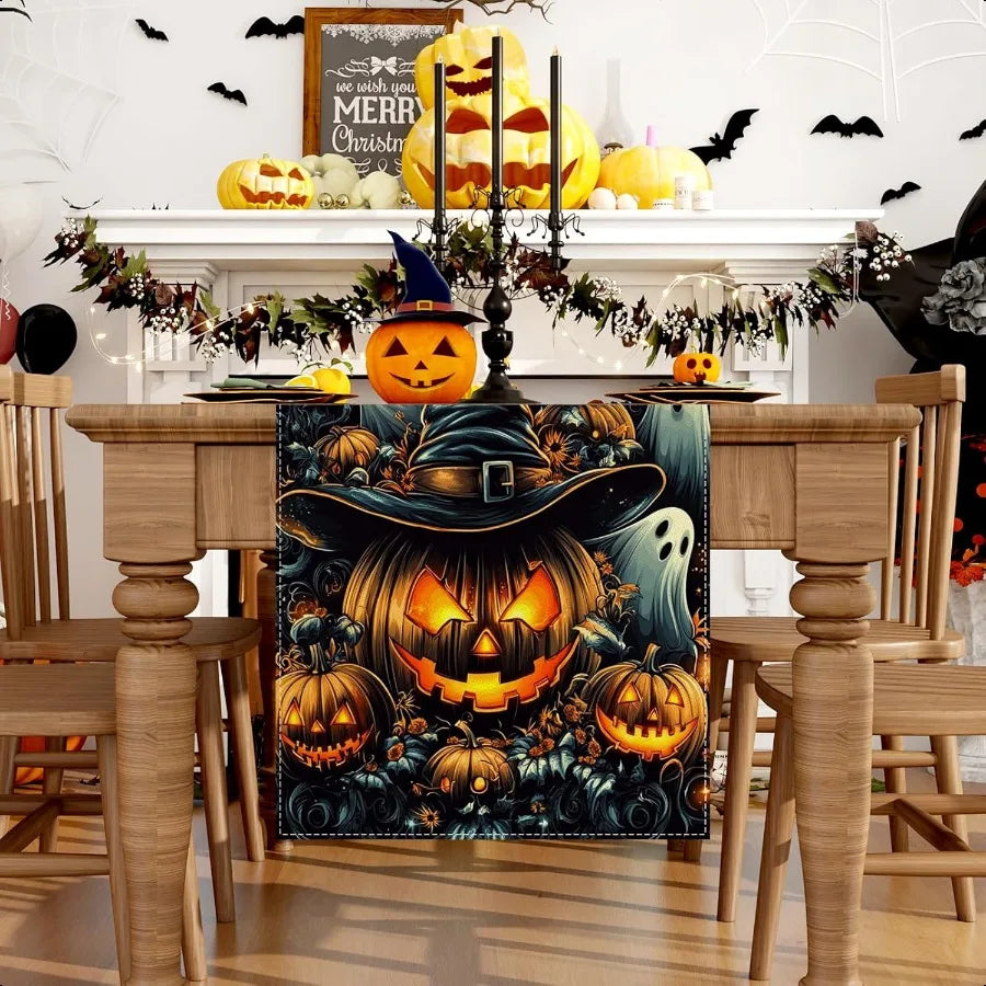 Black Pumpkins Ghost Halloween Table Runner 72 Inch Seasonal Fall Kitchen Dining Table Decorations for Home Party Decor