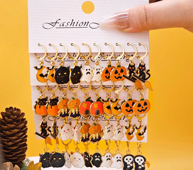 10pcs Halloween series earrings with horror alloy oil drop pumpkin bat spider web ghost earrings set for women