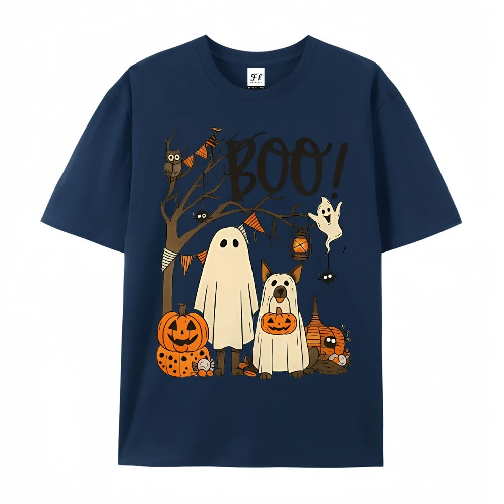 Halloween Cute Ghost Pumpkin T-shirt Funny Dog Graphic Tees Summer Breathable Women’s Cotton Fashion O-Neck Short Sleeve Tops