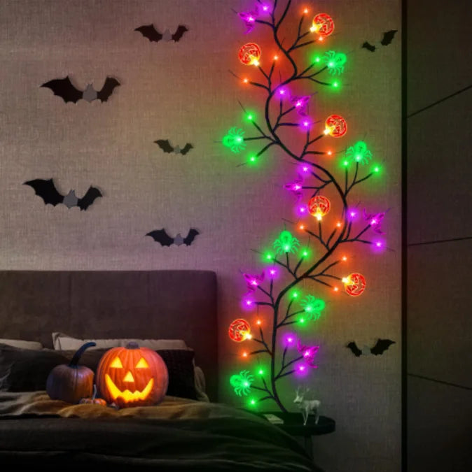 1.8m 54 LED Halloween Black Willow Vine String Lights With Bat Spider Pumpkin Decorative Lamp For Home Room Yard Halloween Decor