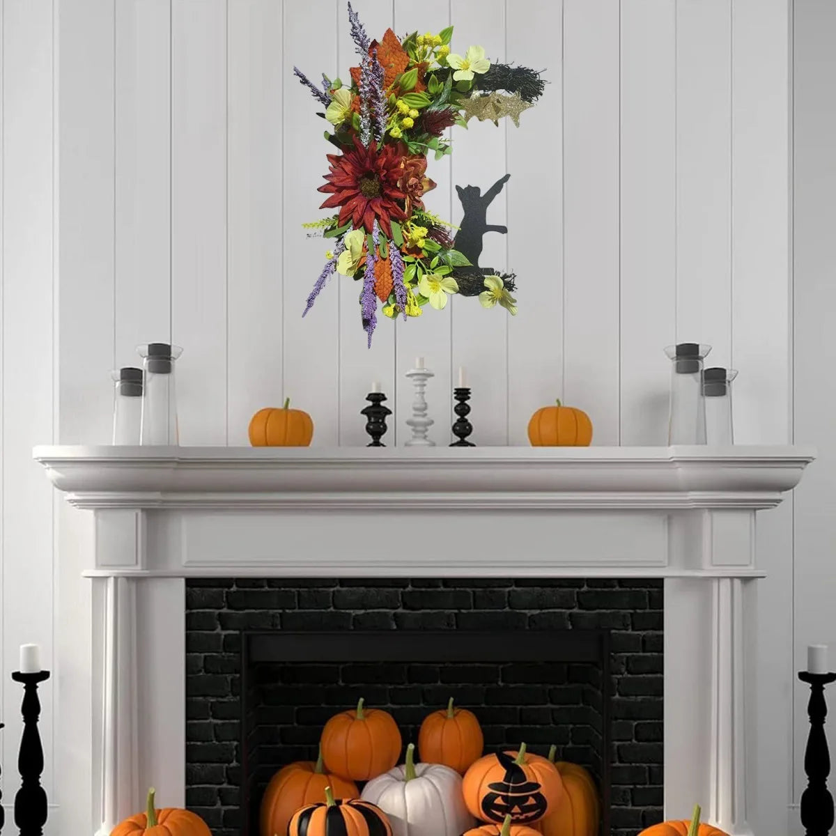 Halloween Moon Cat Wreath, 11.81 Inch Moon Shape Artificial Flower Wreath with Cat, Halloween Wreath for Front Door Wall
