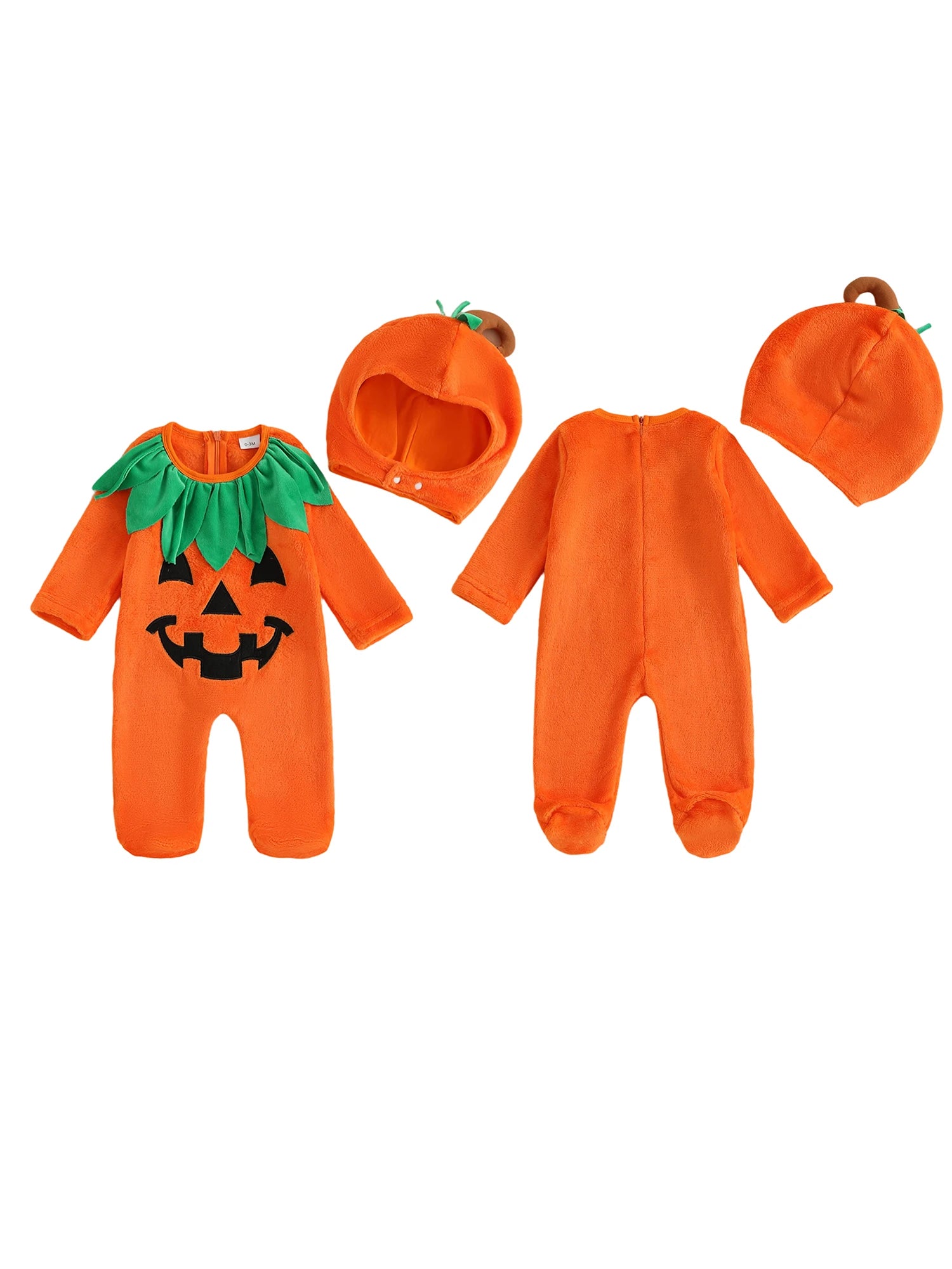 Infant Halloween Costume Set with Long Sleeve Pumpkin Romper Footed Jumpsuit and Matching Hat for Baby Girl