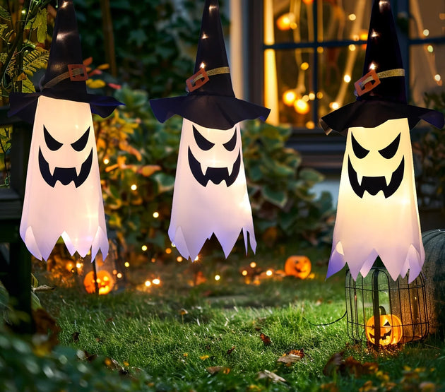 3pcs LED Ghost Lights, Halloween Wizard Hat Hanging Lamps, Plastic Battery-Powered Decorative Lights Spooky Outdoor Decor