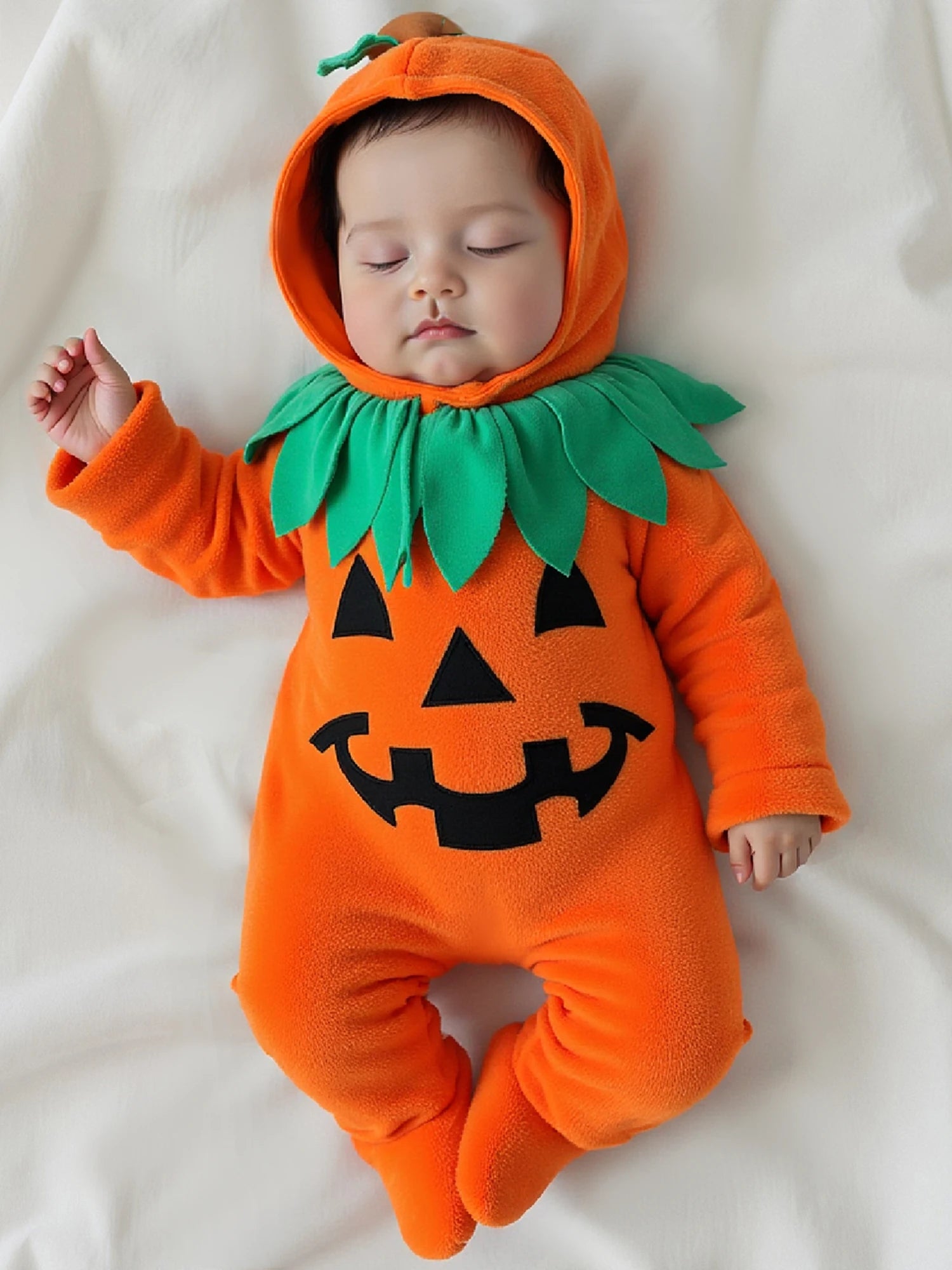 Infant Halloween Costume Set with Long Sleeve Pumpkin Romper Footed Jumpsuit and Matching Hat for Baby Girl