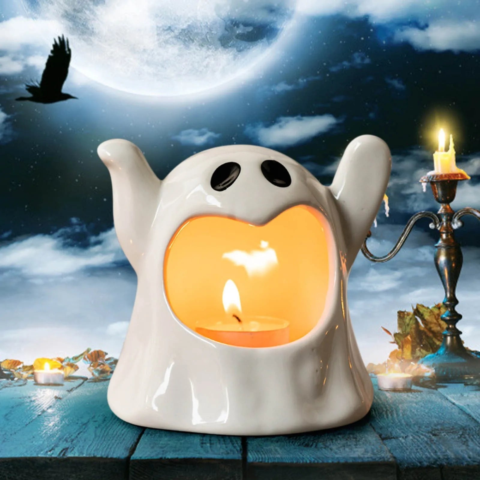 4.3" Halloween Ceramic Ghost Candle - Glowing Tealight for Cozy Holiday Decor