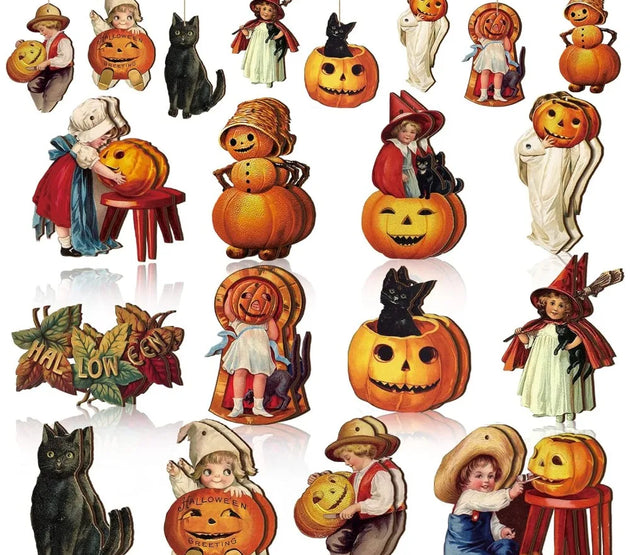 24 Pcs Halloween Wood Ornaments for Tree Vintage Halloween Decorations Hanging Sign Happy Pumpkin Witch Black Cat Skull Decorati
