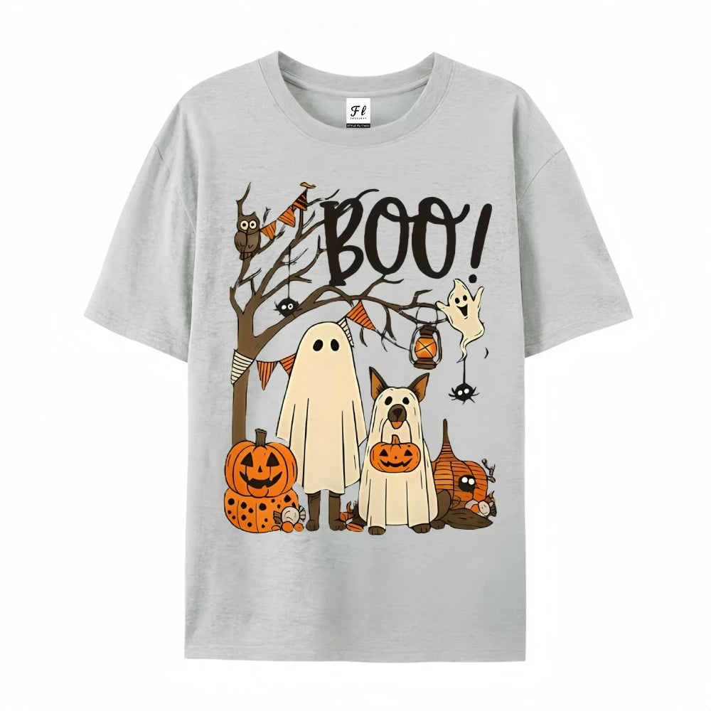 Halloween Cute Ghost Pumpkin T-shirt Funny Dog Graphic Tees Summer Breathable Women’s Cotton Fashion O-Neck Short Sleeve Tops
