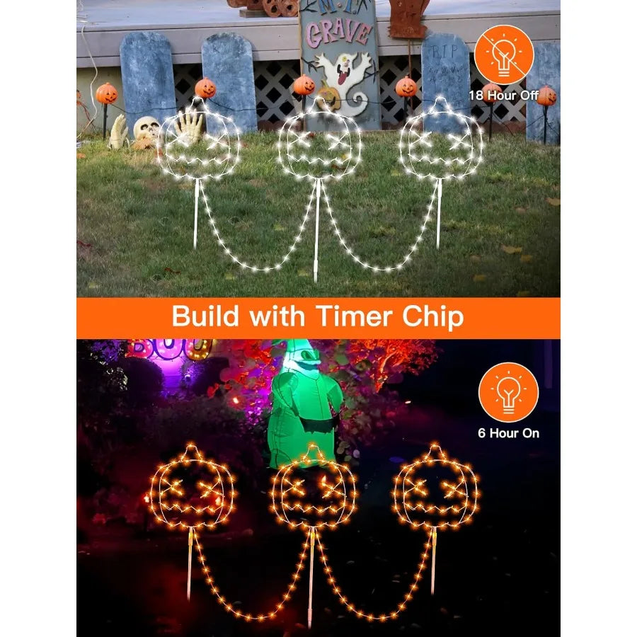 Halloween Garden Lights for Outside 3 Pack Orange Halloween Light Plug in Timer 8 Modes Pumpkin Lights with Stake Outdoor Water