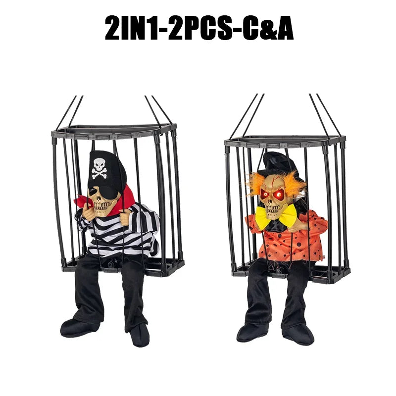Halloween Decoration Prisoner Ghost In Cage Scary Skull Prop Electric Skeleton Toy Glowing Eye Sound Doll Hangable Talking Ghost