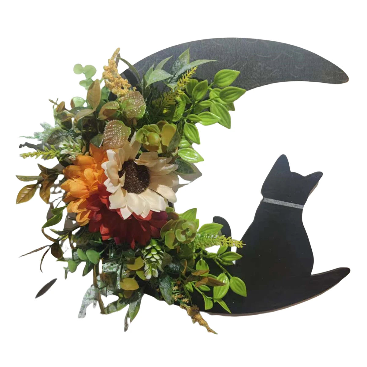 Halloween Moon Cat Wreath, 11.81 Inch Moon Shape Artificial Flower Wreath with Cat, Halloween Wreath for Front Door Wall