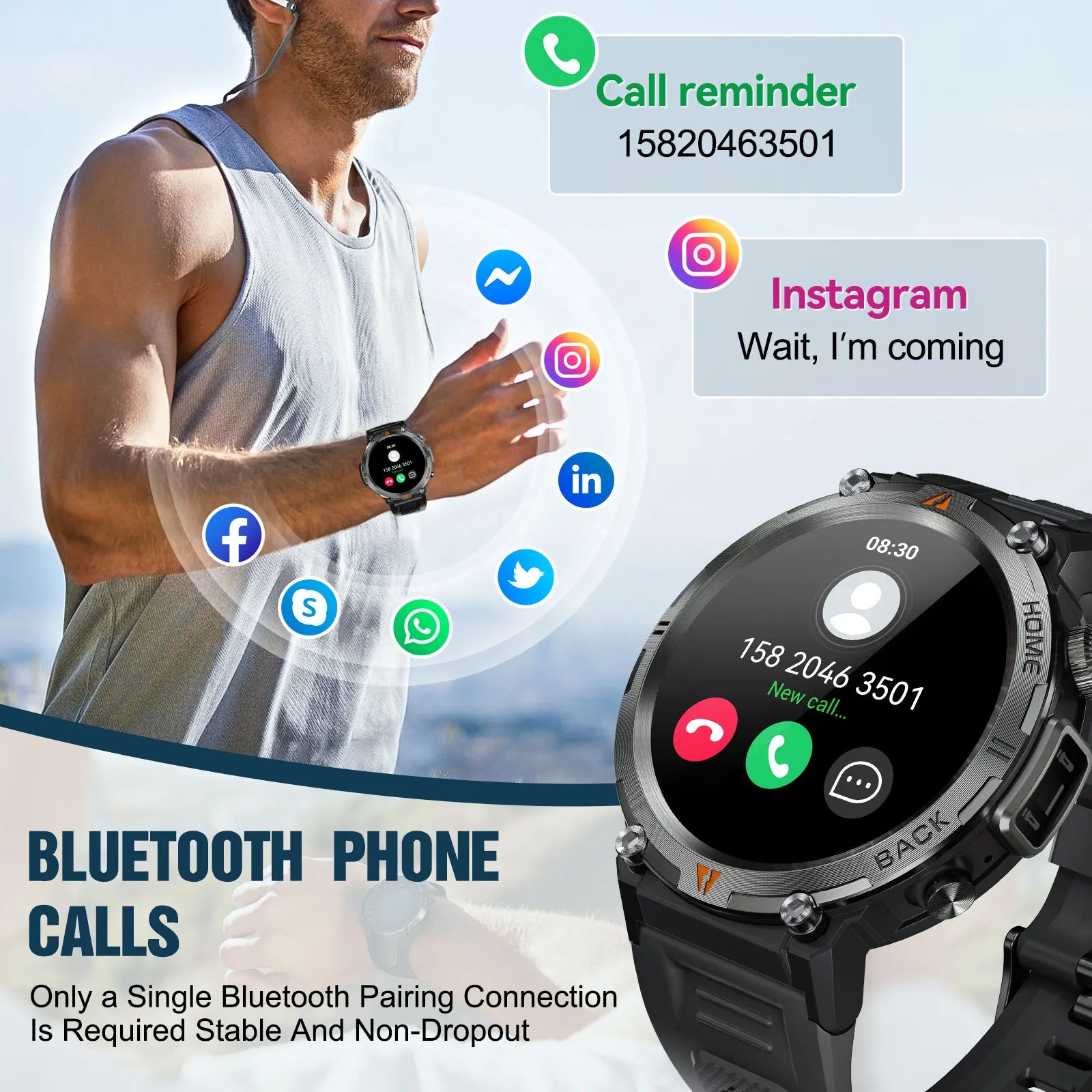 EIGIIS KE3 Smart Watch 3ATM Waterproof Original Design For Men Bluetooth Call Health Monitor With Flashlight 100+ Sports Modes