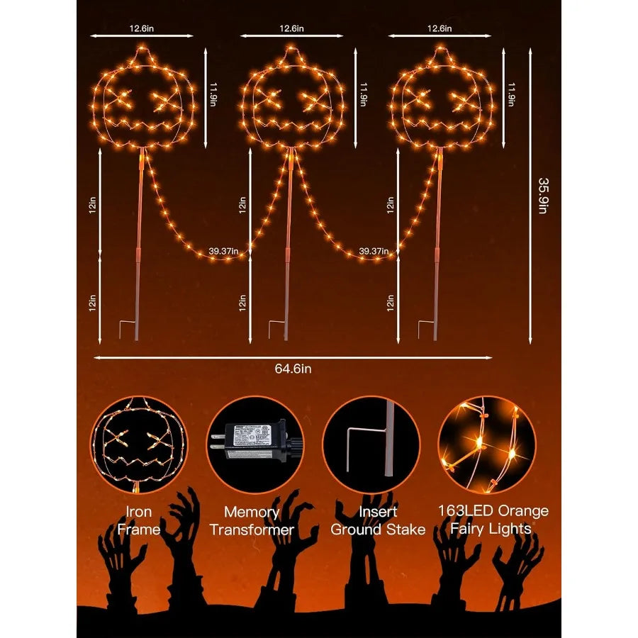 Halloween Garden Lights for Outside 3 Pack Orange Halloween Light Plug in Timer 8 Modes Pumpkin Lights with Stake Outdoor Water