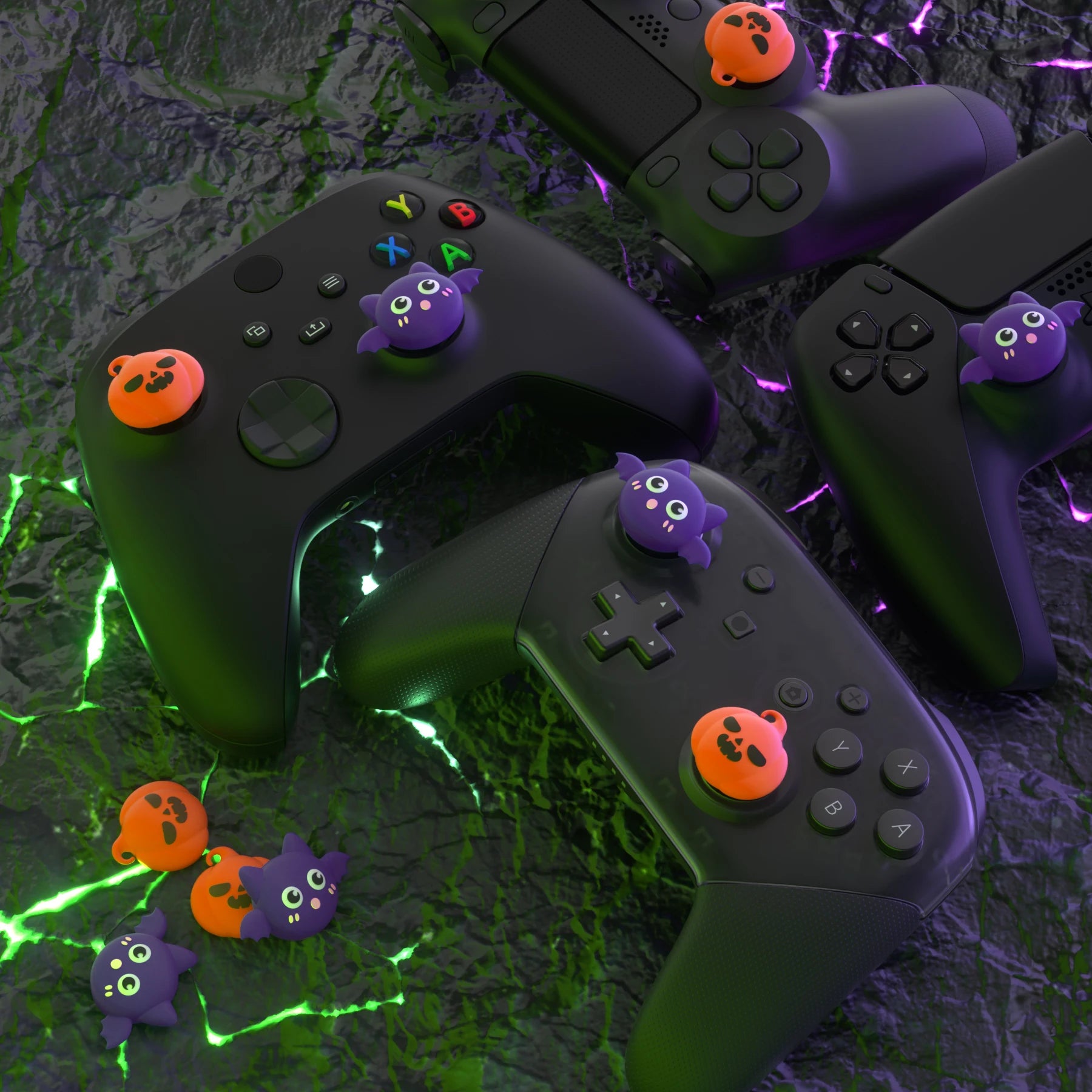 PlayVital Thumb Grip Caps for ps5/ps4, Thumbstick Cover for Switch Pro, for Xbox Series X/S & Xbox One - Halloween Pumpkin Bat