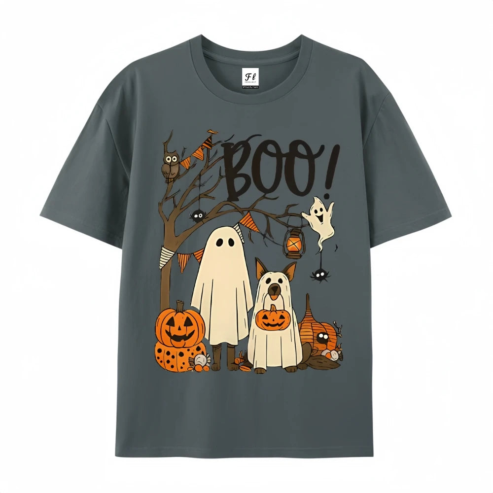 Halloween Cute Ghost Pumpkin T-shirt Funny Dog Graphic Tees Summer Breathable Women’s Cotton Fashion O-Neck Short Sleeve Tops