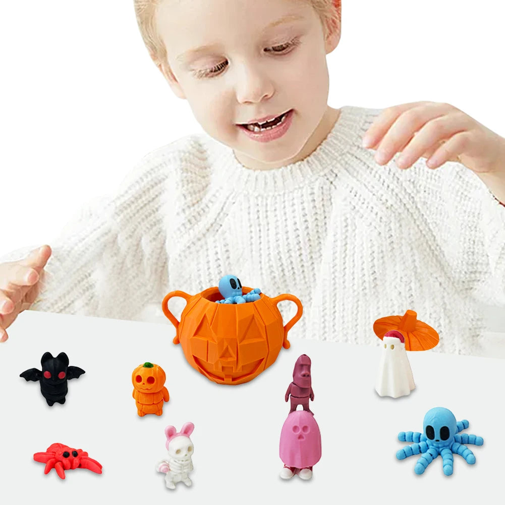8pcs 3D Printed Halloween Pumpkin Mini Animals Set Halloween Pumpkin Candy Buckets Halloween Fidget Toys with Container for Kids