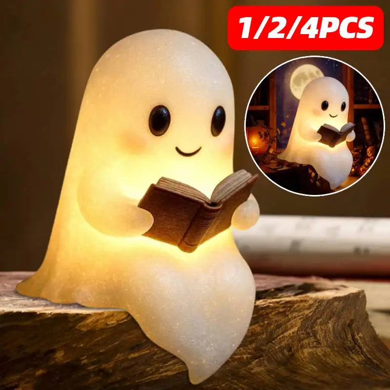1/2/4Pcs Cute Ghost Reading Book Lamp Halloween Spooky Ghost LED 3D Night Light Home Table Light Up Resin Figurines Decoration