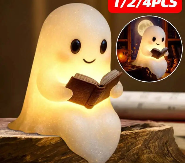 1/2/4Pcs Cute Ghost Reading Book Lamp Halloween Spooky Ghost LED 3D Night Light Home Table Light Up Resin Figurines Decoration