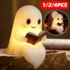 1/2/4Pcs Cute Ghost Reading Book Lamp Halloween Spooky Ghost LED 3D Night Light Home Table Light Up Resin Figurines Decoration