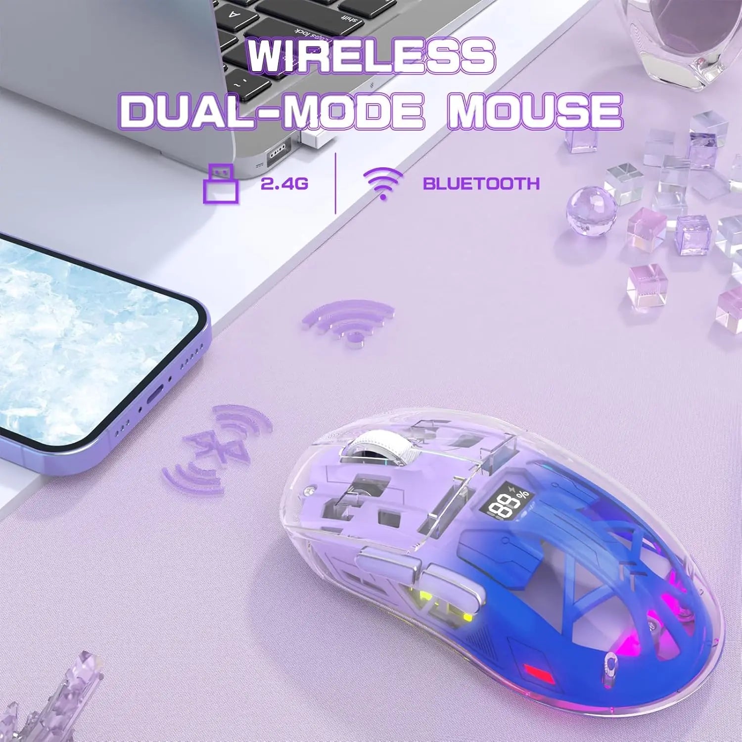 MAMBASNAKE x Freewolf A2 Transparent Wireless Gaming Mouse,Dual Mode BT 5.0/2.4G PC Gaming Mice