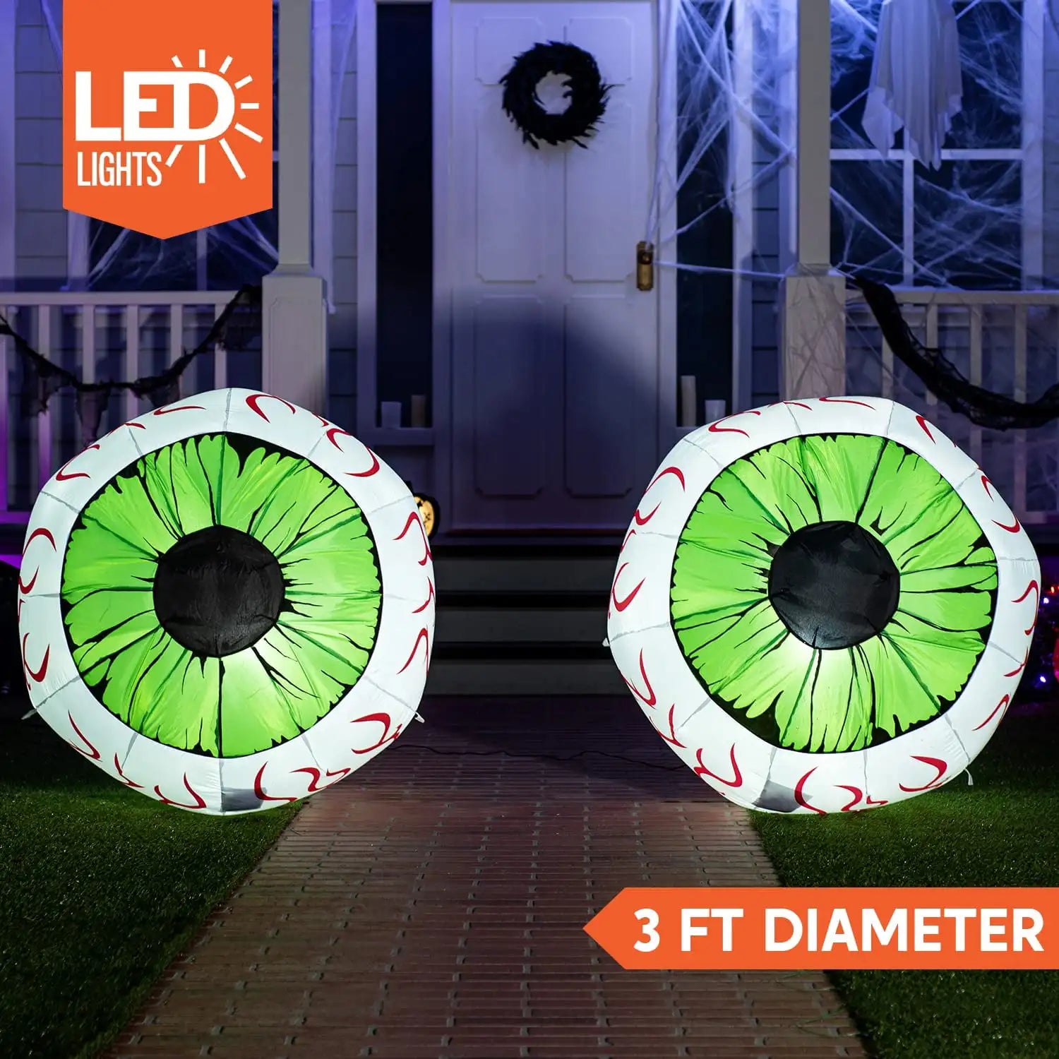 Joyfy 2 Pack Halloween Inflatable Huge Green Eyeballs with Build-in LEDs 3ft Halloween Decor Party Supplies Blow up Decoration