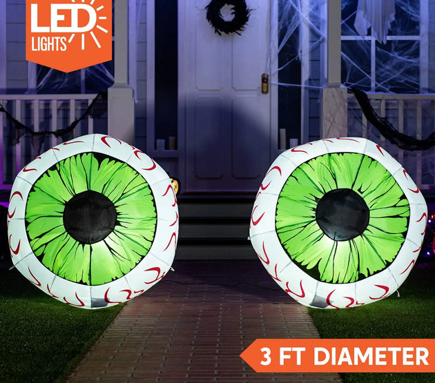 Joyfy 2 Pack Halloween Inflatable Huge Green Eyeballs with Build-in LEDs 3ft Halloween Decor Party Supplies Blow up Decoration