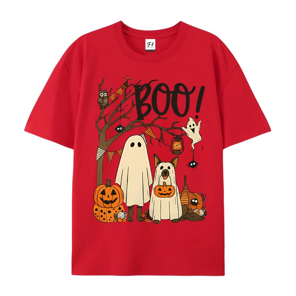 Halloween Cute Ghost Pumpkin T-shirt Funny Dog Graphic Tees Summer Breathable Women’s Cotton Fashion O-Neck Short Sleeve Tops