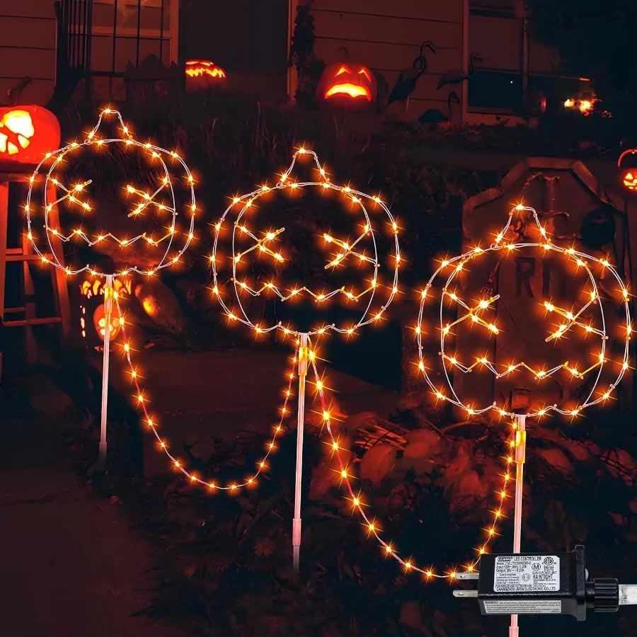 Halloween Garden Lights for Outside 3 Pack Orange Halloween Light Plug in Timer 8 Modes Pumpkin Lights with Stake Outdoor Water